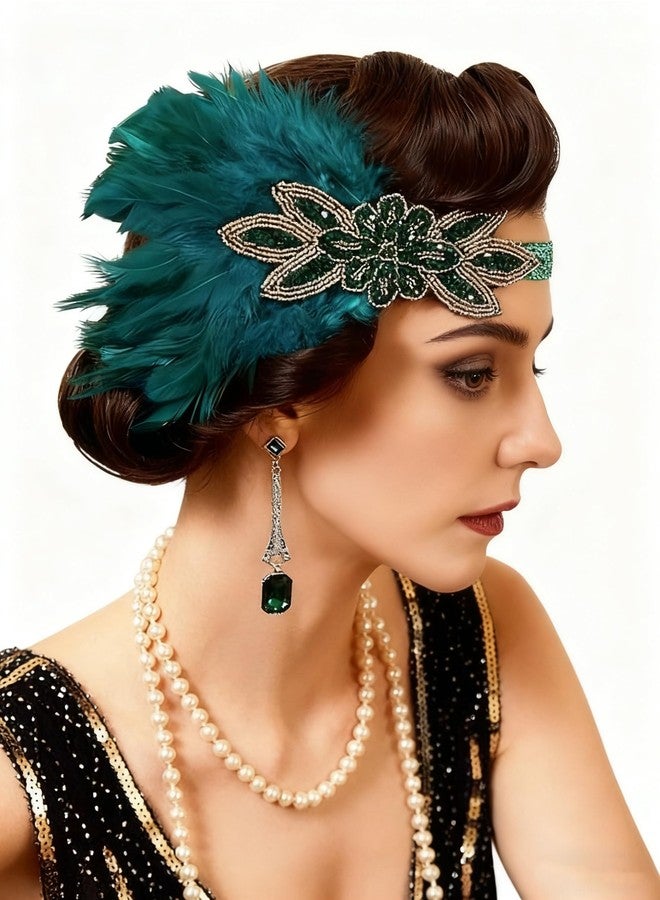 Tongcloud 1920s Flapper Feather Headband Roaring 20s Great Gatsby Feather Headpiece(Green, Medium) - Image 1
